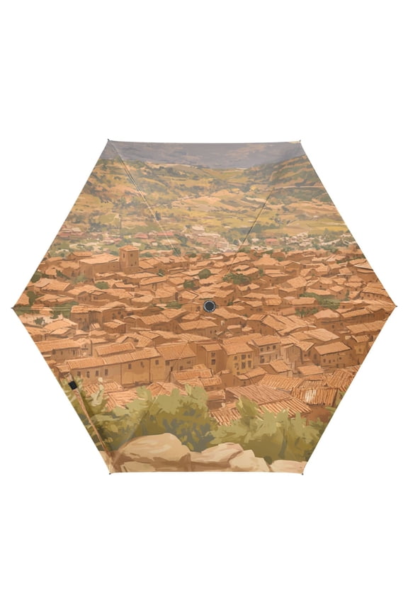 Top View Small Village Folding Umbrella UV50+ Waterproof Sun Protection Auto Open Close Compact Fiberglass Frame