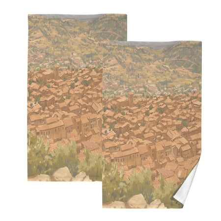 Top View Small Village Set of 2 Pure Cotton Towels, 16'' x 28'', Highly Absorbent and Soft