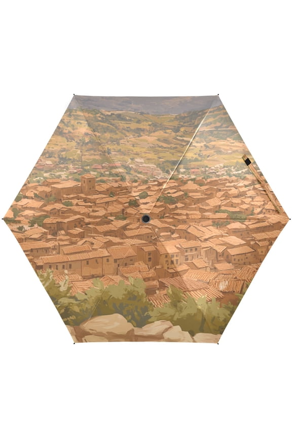 Top View Small Village Umbrellas for Sun Auto Open Close UV50+ Waterproof 5-Fold Compact Fiberglass Frame