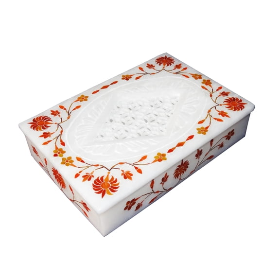 Top White Marble Handmade Jewellery Box Beautiful Filigree Inlay Stone Arts