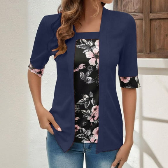 Top Women Womens Blouses Women'sTwo Contrasting Color Patchwork T-shirts Loose Short-sleeved Top Short-sleeved Round-neck Top/shirt Navy XL