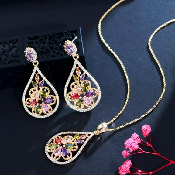 Top Yellow Gold Plated Multicolor CZ Flower Earring Pendent Necklace Jewelry Set