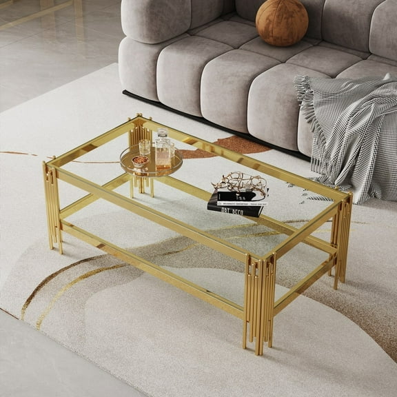 Top and Bottom Tempered Glass Coffee Table - Stainless Steel Frame with Storage