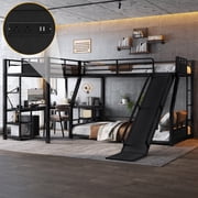 Top bed twin, bottom bed full L-Shaped Metal Bunk Bedwith Single Loft Bed, Desk, and Storage Shelves, USB Charging Port Included - Metal Triple Bunk Bed with Slide,Black