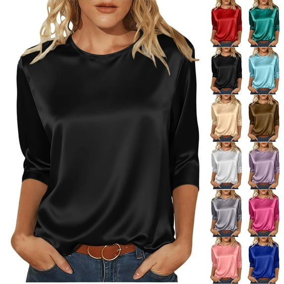 Top for Women Boho Tops for Women Women's Spring/Summer Satin Three-Quarter Sleeve Round-Neck Solid Color Pullover Top Black M