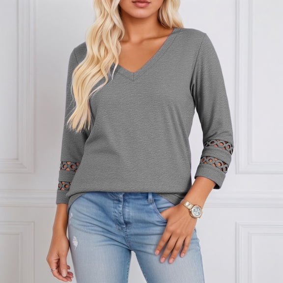 Top for Women Crew Neck Tops Grey Womens Long Sleeve Shirt Womens Basic Tops Fall Shirt
