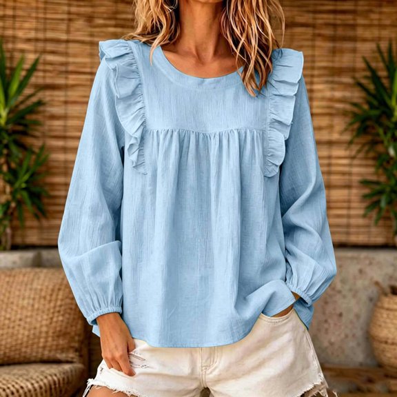 Top for Women Long Sleeve Round Neck Ruffle Yoke Puff Sleeve Loose Textured Blouse Blue L