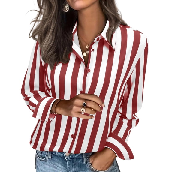 Top for Women Long Sleeve Striped Button Up Shirt Red L