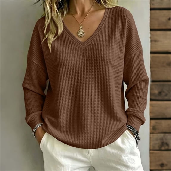 Top for Women Long Sleeve V Neck Solid Color Waffle Knit Blouse Brown S