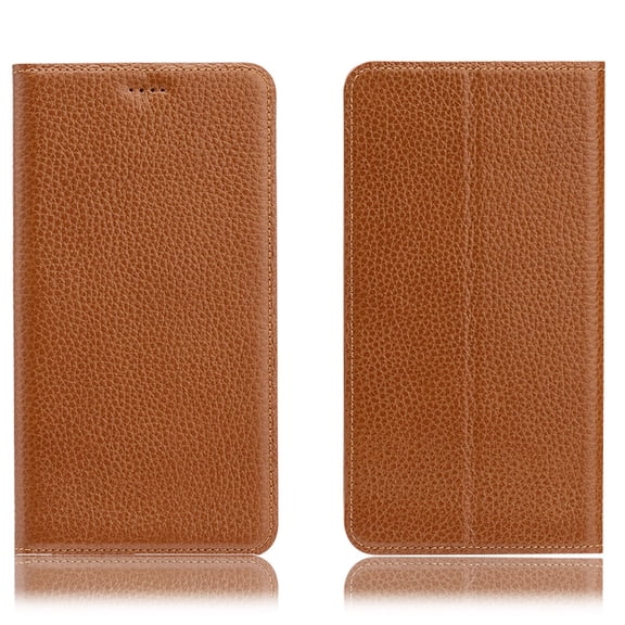 Top-grain cowhide leather case for iPhone with card slots and stand, lychee-textured business-grade protective case