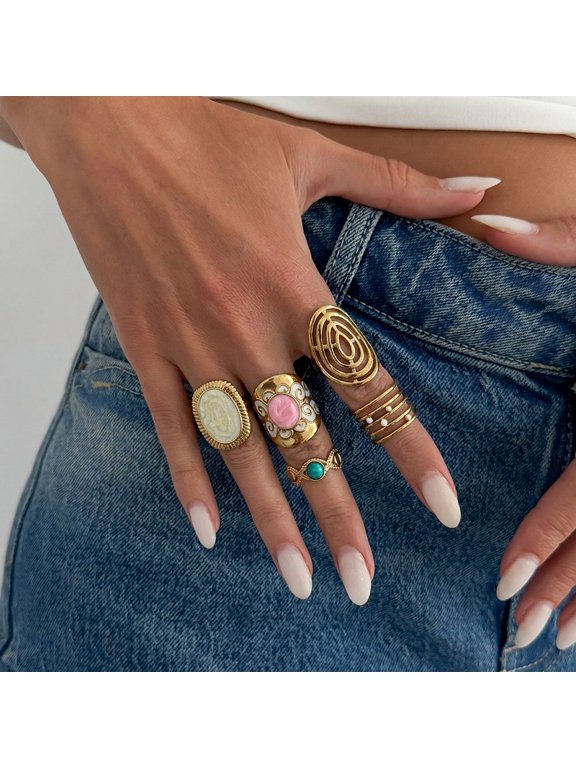 5pcs Vintage 14K Gold Plated Stackable Statement Ring Set, Enamel & Carved Inlay Multi-Piece Layered Finger Rings, Retro Boho Hollow Decor Jewelry For Daily, Party And Date Wear
