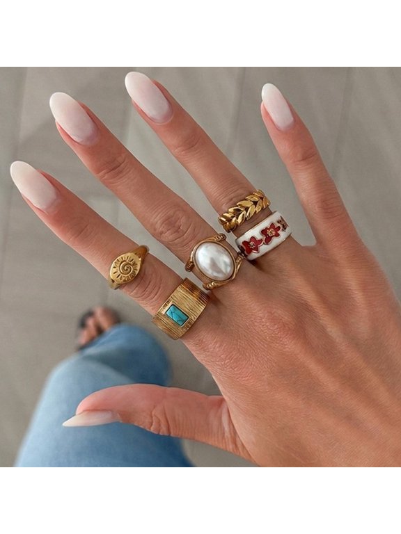 5pcs Vintage 14K Gold Plated Stackable Statement Ring Set, Enamel Floral & Imitation Pearl Multi-Piece Layered Finger Rings, Retro Leaf Engraved Decor Jewelry For Daily Wear