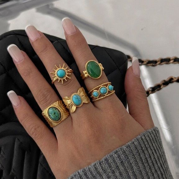 Top-keivon 5pcs Vintage 14K Gold Plated Stackable Statement Ring Set, Sun Butterfly Motif Multi-Piece Layered Finger Rings, Boho Retro Green And Blue Inlay Decor Jewelry For Daily And Party Wear