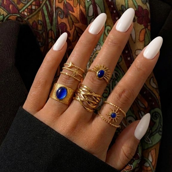 Top-keivon 5pcs Vintage 14K Gold Plated Stackable Statement Ring Set, Sun Moon Motif Multi-Piece Layered Finger Rings, Boho Retro Blue Inlay Decor Jewelry For Daily, Party And Date Occasions