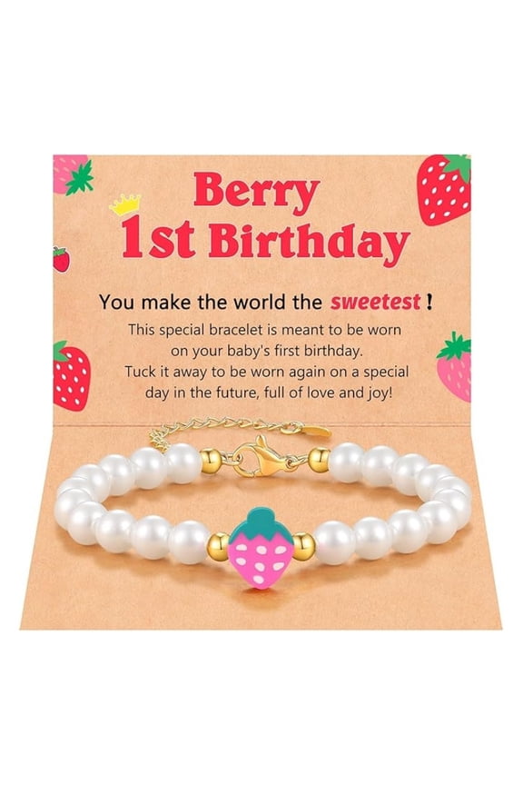 Berry First Birthday Gifts, Adjustable Strawberry Pearls Bracelet for Daughter Niece Granddaughter