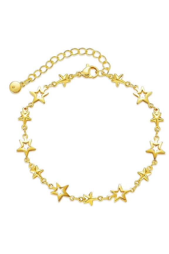 Dainty Star Charm Bracelet For Women 18k Gold Plated Hypoallergenic Lucky Star Adjustable Link Chain Bangle Engagement Anniversary Statement Simple Boho Stacking Jewelry Gift