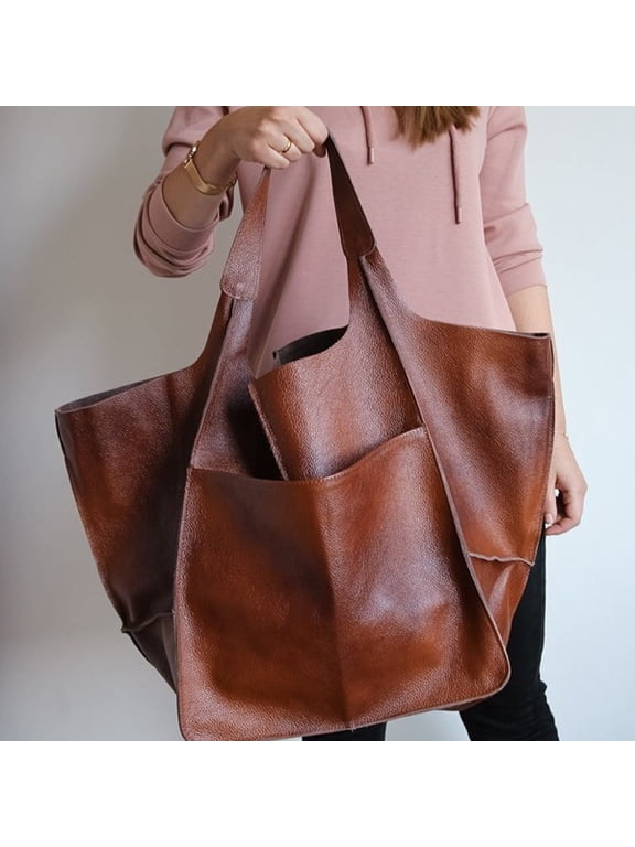 Genuine Leather Large Slouchy Tote Shoulder Bag, Oversized Soft Hobo Handbag with Outer Pockets, Snap Closure Casual Everyday Carry Purse, Roomy Top-Handle Shopper Bag for Travel & Commute