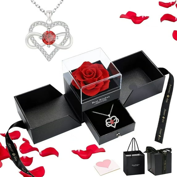 Top-keivon Preserved Roses Jewelry Box with Birthday stone Heart Necklace - Eternal Rose & ‘I Love You Always & Forever’ Engraving - Luxury Gift for Mom, Wife, or Grandma on Mother’s Day
