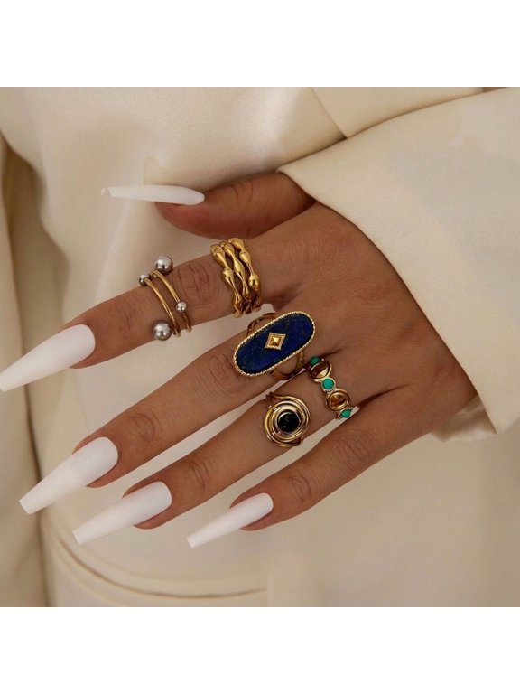 Retro 14K Gold Plated Stackable Statement Ring Set, Multi Inlay & Sculpted Layered Finger Rings, Vintage Textured Decor Jewelry For Daily, Party And Evening Occasions