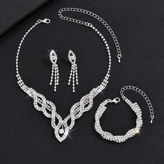 Top-keivon Rhinestone Bridal Wedding Jewelry Set Silver Crystal Necklace Earrings Sets Formal Costume Jewelry for Women and Brides