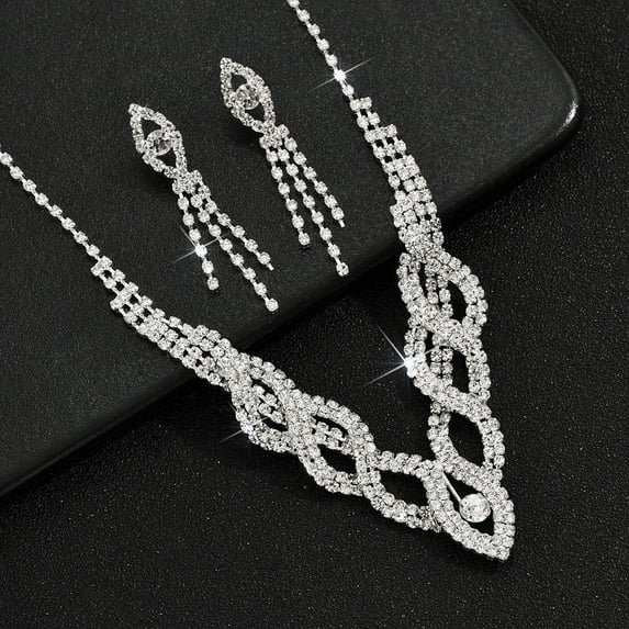 Top-keivon Rhinestone Bridal Wedding Jewelry Set Silver Crystal Necklace Earrings Sets Formal Costume Jewelry for Women and Brides