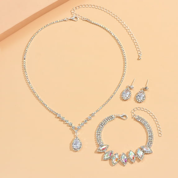 Top-keivon Rhinestone Bridal Wedding Jewelry Set Silver Crystal Necklace Earrings Sets Tassel Formal Prom Costume Jewelry for Women and Brides