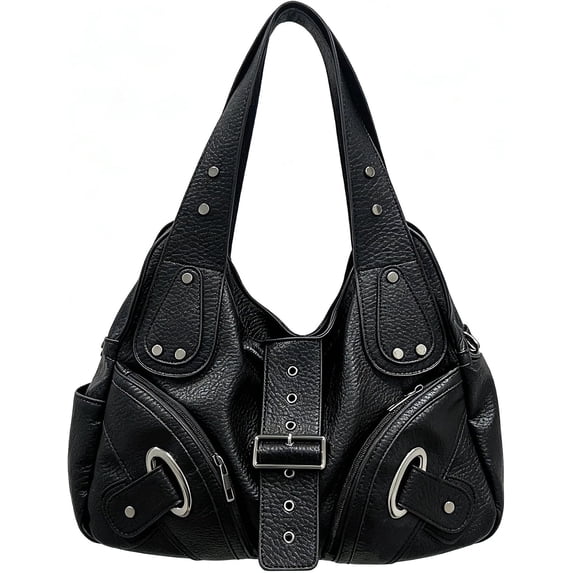 Top-keivon Shoulder Bag for Women, Y2K Rivet Faux Leather Underarm Purse, Retro Motorcycle Trendy Casual Commute Handbag