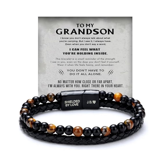 Top-keivon Son's Tiger Eye Protection Bracelets For Men, To My Son Bracelet from Mom Leather Black Beaded Bangle Engarved With Love You Forever Cuff Jewelry Gift for Birthday Christmas