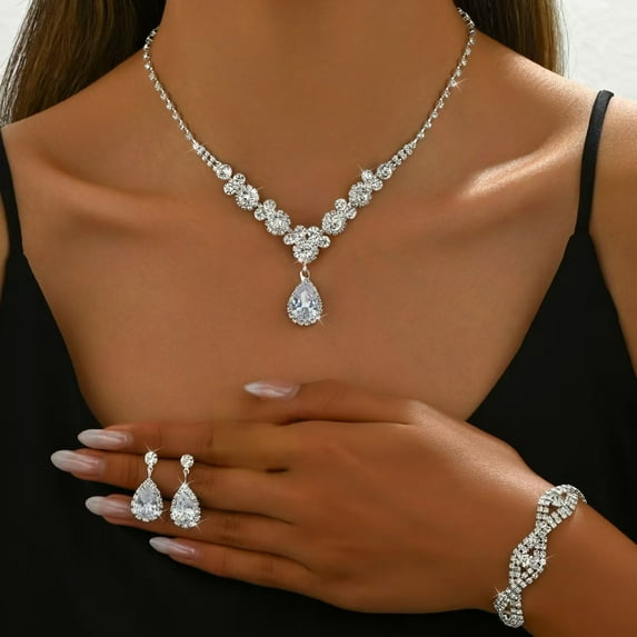Top-keivon Wedding Necklace and Earrings Sets Silver Crystal Bridal Jewelry Set Rhinestone Drop Pendent Jewelry Accessories for Women and Brides