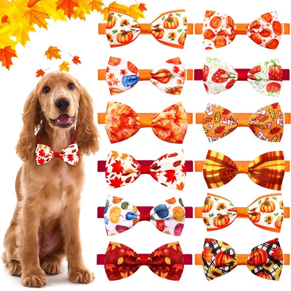 Top-kevin 12pcs Fall Pumpkin Dog Collar Bow Ties Bulk Thanksgiving Dog Bowtie Holiday Puppy Grooming Accessories Collar Charms Detachable Attachment Autumn Cat Bow (Color Random)