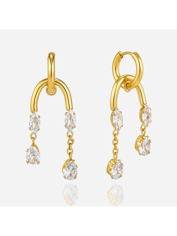 14K Gold Plated Interlinked U-Hoop Marquise Pear Cut CZ Chandelier Drop Earrings, Dainty Multi-Stone Dangle Huggie Earrings for Women