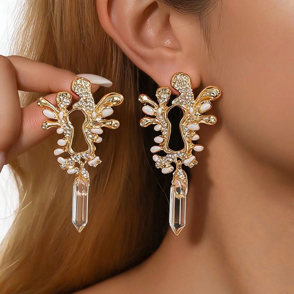 Top-kevin 14k Gold Plated Abstract Irregular Frame Dangle Drop Earrings for Women, Ornate Ear Jewelry Inlaid With Clear Cubic Zirconia Earring for Daily Wear