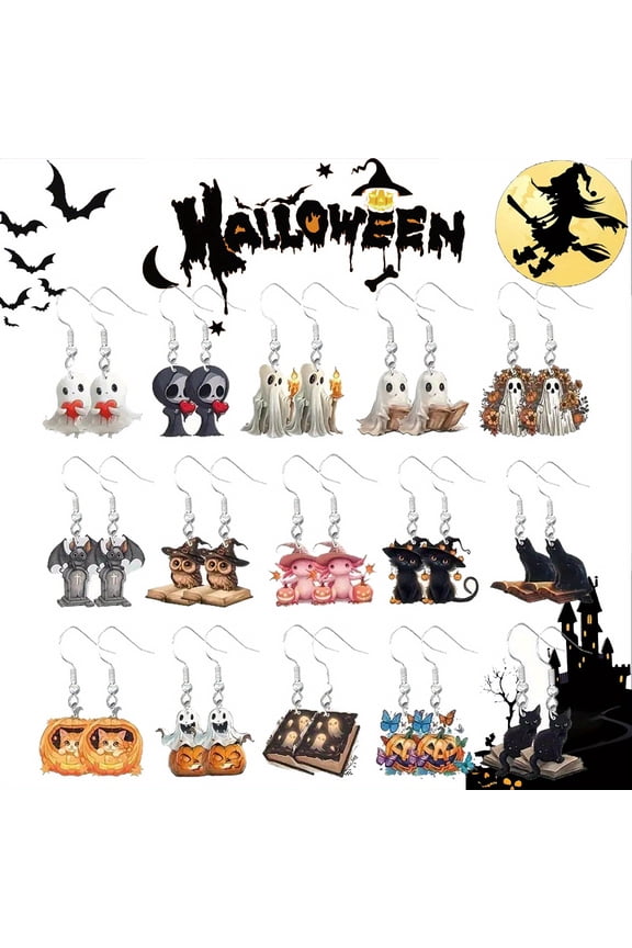 15 Pairs/Set Women's Fashion Dangle Earrings Cute Cartoon Gothic Punk Style Cross Love Skeleton Witch Black Cat Magic Book Acrylic Flat Halloween Pendant Pumpkin Potion Earrings