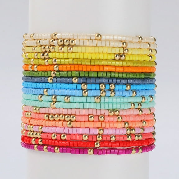 Top-kevin 18Pcs Colorful Bohemia Seed Beaded Bracelets Adjustable Stackable Rainbow Beaded Stretch Bracelet Multilayer Vaction Elastic Bracelet for Women