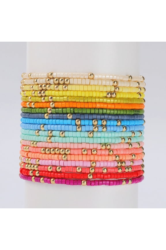 18Pcs Colorful Bohemia Seed Beaded Bracelets Adjustable Stackable Rainbow Beaded Stretch Bracelet Multilayer Vaction Elastic Bracelet for Women