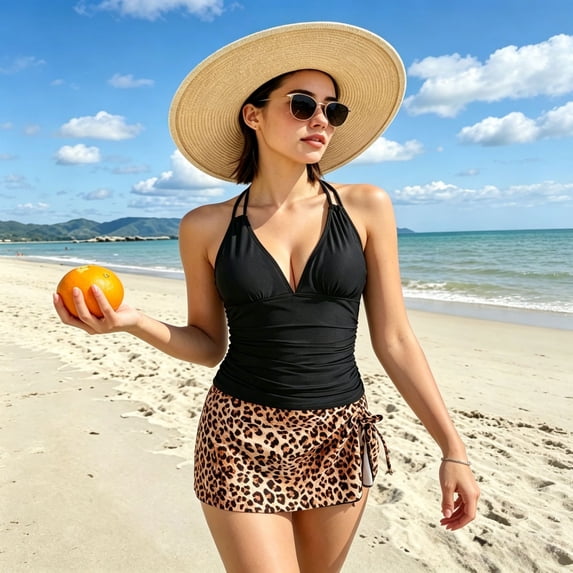 Top-kevin 2 Piece Swimsuits for Women Halter Tankini Top with Skirt Bottom Tummy Control Bathing Suit