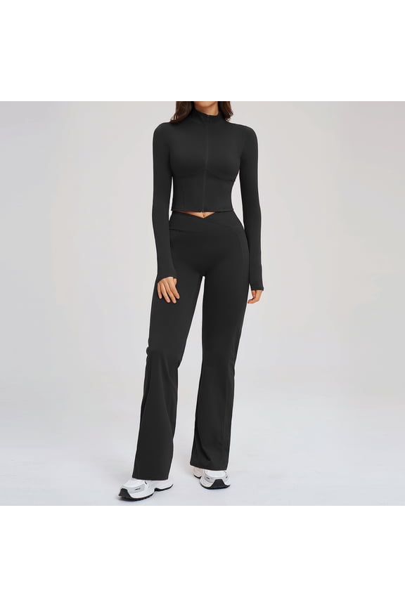 2 Piece Workout Sets for Women Compression Padded Zip Up Jacket Seamless High Waist Flare Leggings Jogger Outfits
