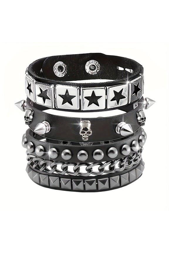 3pcs Skull & Star Studded Faux Leather Bracelet Set - Punk Rock, Goth Style, Black Faux Leather with Metallic Star & Skull Pendants, Ideal for Halloween, Parties & Daily Wear