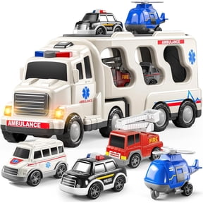 Top-kevin 5 Pack Emergency Rescue Vehicle Toddler Truck Toys for 3 4 5 6 Year Old Boys, Friction Power Cars with Rescue Helicopter, Police Car, Fire Truck, Ambulance Car, Birthday Gifts for Girls