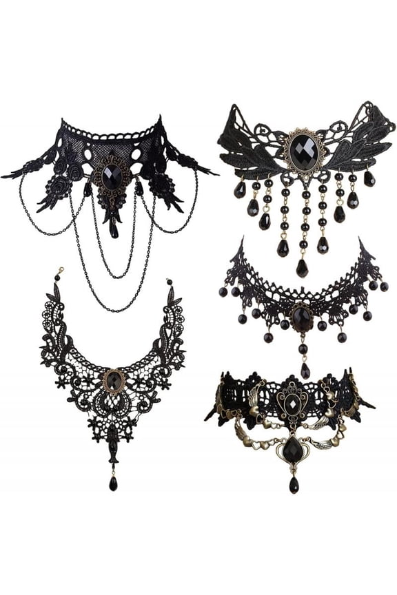 5 Pieces/Set Halloween Sexy Jewelry Women Lady Elegant Goth Gothic Steampunk Lace Choker Necklace Black Neck Chain Collar Statement with pendant Victorian Wedding Party Cosplay