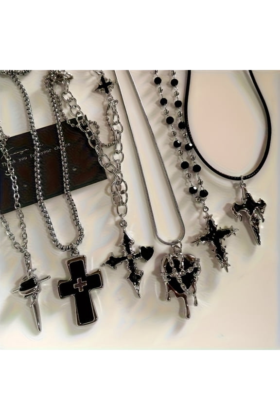 6pcs Gothic Y2K Black Cross Love Heart Pendant Rope Chain Necklaces for Teenager & Teenager - Edgy Punk Jewelry with Star Charms, Mixed Color Beads, Durable Metal Chain for Halloween