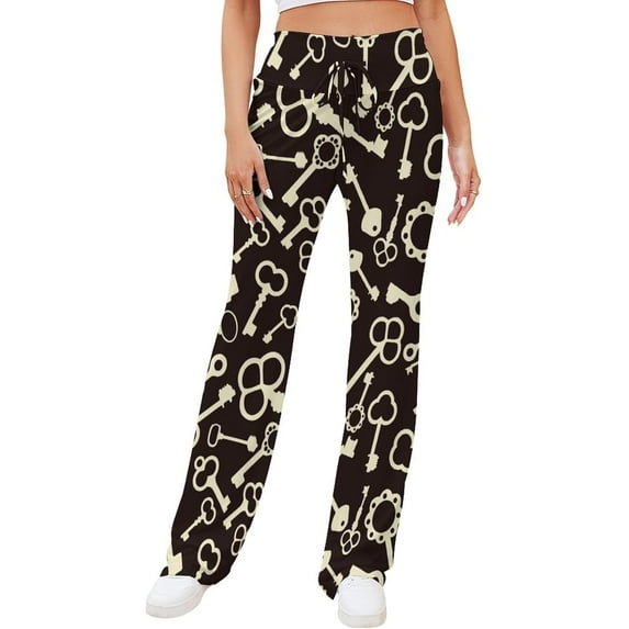 Top-kevin Antique Keys Pattern Women's Straight Lace Up Yoga Pants Flare Loose Comfy Lounge Wide Leg High Waist