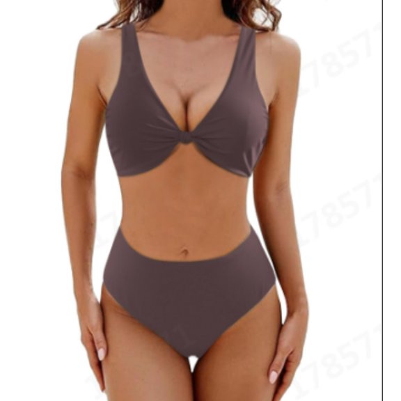 Top-kevin Bikini Set for Women Solid V Neck Knot Front Push Up High Leg Thong Two Piece Swimsuit
