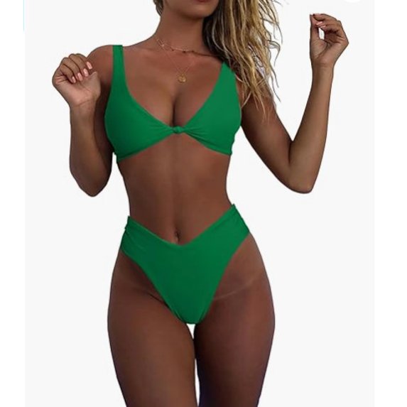 Top-kevin Bikini Set for Women Solid V Neck Knot Front Push Up High Leg Thong Two Piece Swimsuit