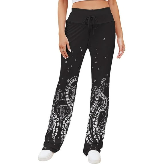 Top-kevin Black Octopus Tentacles Yoga Pants Women Wide Leg Pants Casual High Waisted Straight Lace Up Lounge Sweatpants