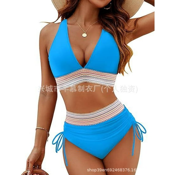 Top-kevin Blooming Jelly Women High Waisted Bikini Sets Tummy Control Swimsuits Color Block Two Piece Drawstring Bathing Suit