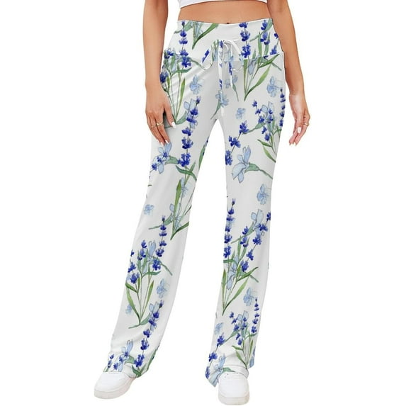 Top-kevin Blue Lavender Floral Women's Straight Lace Up Yoga Pants Flare Loose Comfy Lounge Wide Leg High Waist