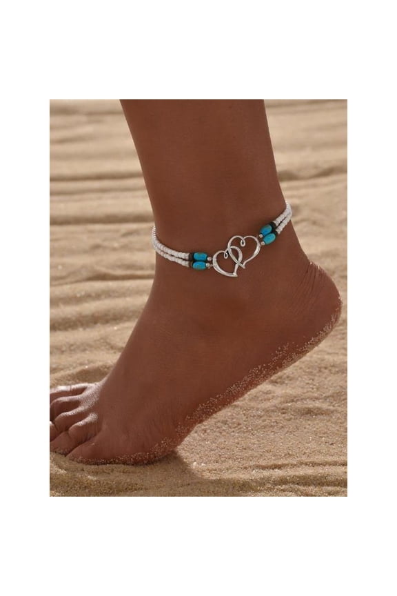Boho Heart Decor Beaded Anklet, Fashionable Dainty Layered Anklet for Women, Double Layered Adjustable Anklet Jewelry, Trendy All-match & Exquisite Jewelry for Birthday Gift