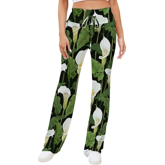 Top-kevin Calla Lily Flowers Women's Straight Lace Up Yoga Pants Flare Loose Comfy Lounge Wide Leg High Waist