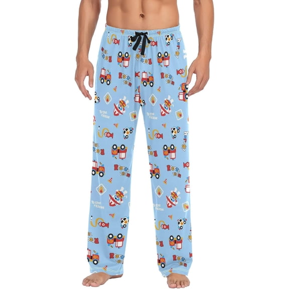 Top-kevin Car Cute Fire Fighting Truck Blue Pajamas For Men Pants with Pockets Comfy Mens Pj Pants for Winter Christmas Gifts